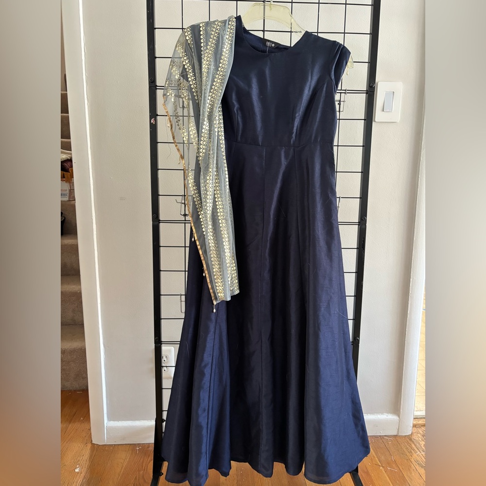 Indya navy blue flare dress with attached shawl